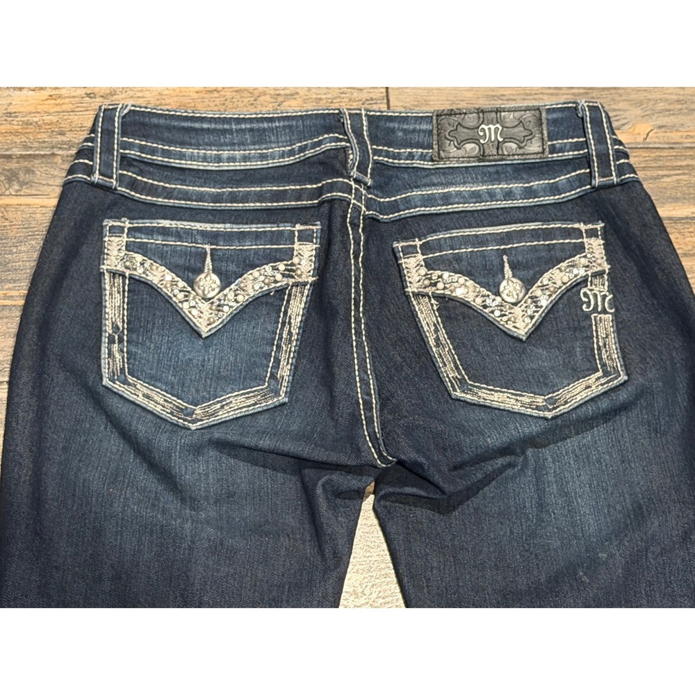 Miss Me Bootcut Jeans Dark Wash Low Rise Bling Embellished Size 28 Y2K Buckle